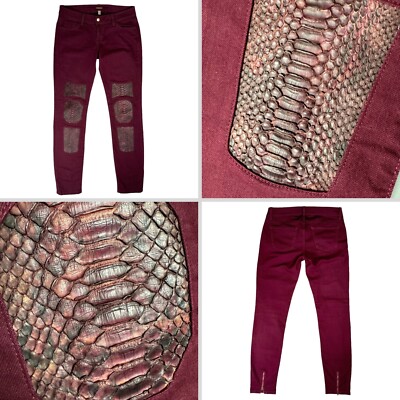 Rebecca Minkoff Leather Python Skin Jeans Size 6 Wine Red Low Rise Patchwork