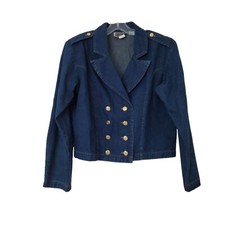 Vtg 80s-90s Forenza Jean Jacket Military Epaulette Double Breasted Crop 12 Blue