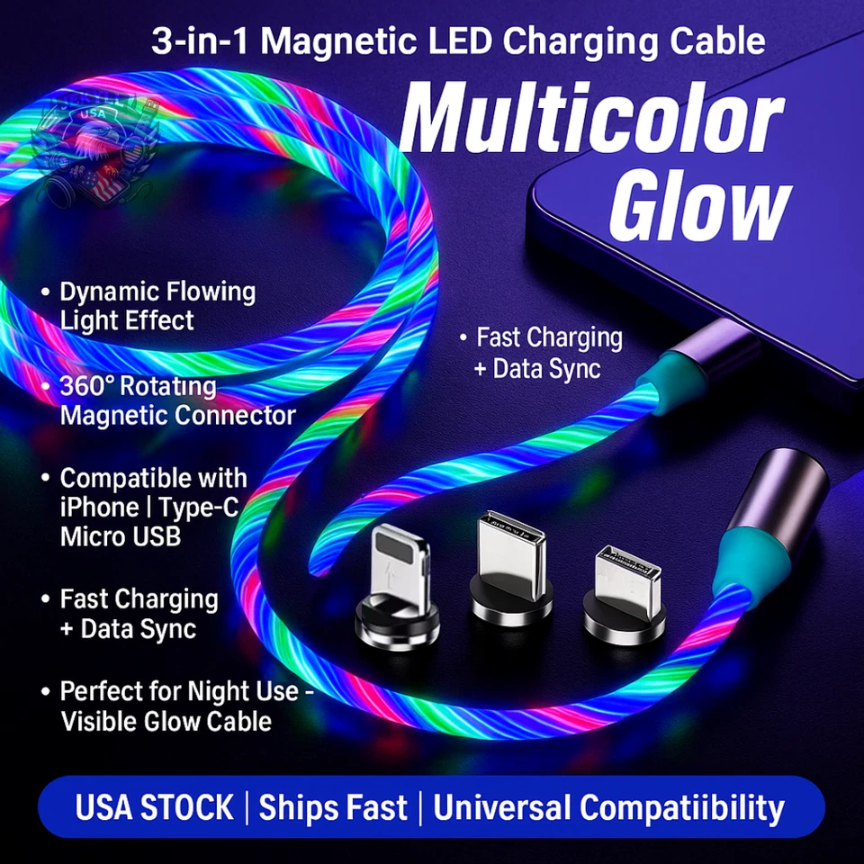 Light Up LED 3 in 1 Charging Cord Cable Multi Phone Charger Android USB iPhone - Image 2 of 4