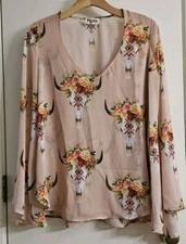 Show Me Your MuMu Top Women Boho Frida Longhorn Skull Floral Airy Chiffon Sz. XS