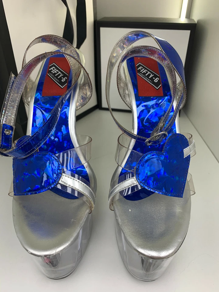 18 cm Sexy Blue 40 39 Fifty-6 crystal metal sky pumps sandals high heels - Photo 4/4