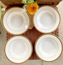 Block Kings Points Soup Pasta Bowls Gold Laurel Band White Wide Rim New 8 3/4"