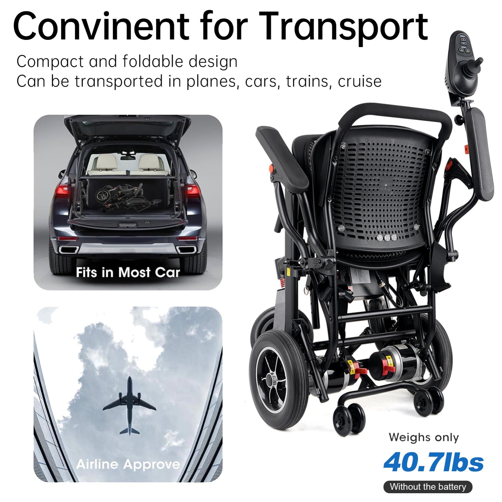 18.5in wide cabin,300lb weight capacity,aviation aluminum alloy power wheelchair