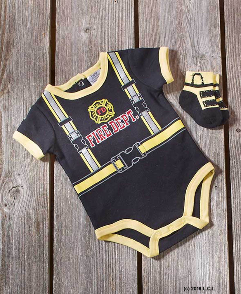 Baby Boy Creeper T-Shirt & Socks 3 Pc Set Fireman or 80s Shower