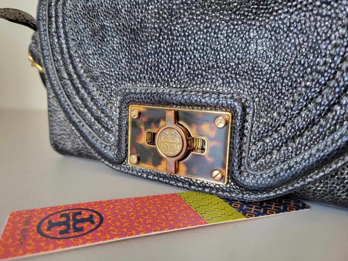 TORY BURCH Textured Stingray Leather Gunmetal Flap Bag Crossbody Tortoise  Logo