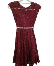 Just Kids Dress Girl size 12 Burgundy Sleeveless Sequin Flower Floral Lace Party