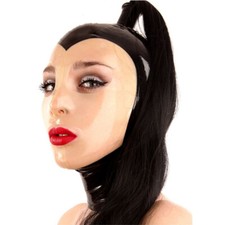 Latex Hood with Black Ponytail Wig Back Zipper Rubber Mask with Pigtail Party