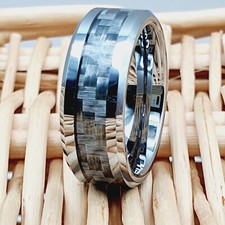 Modern Silver Tungsten Wedding Band with Gray Carbon Fiber Inlay Ring for Men