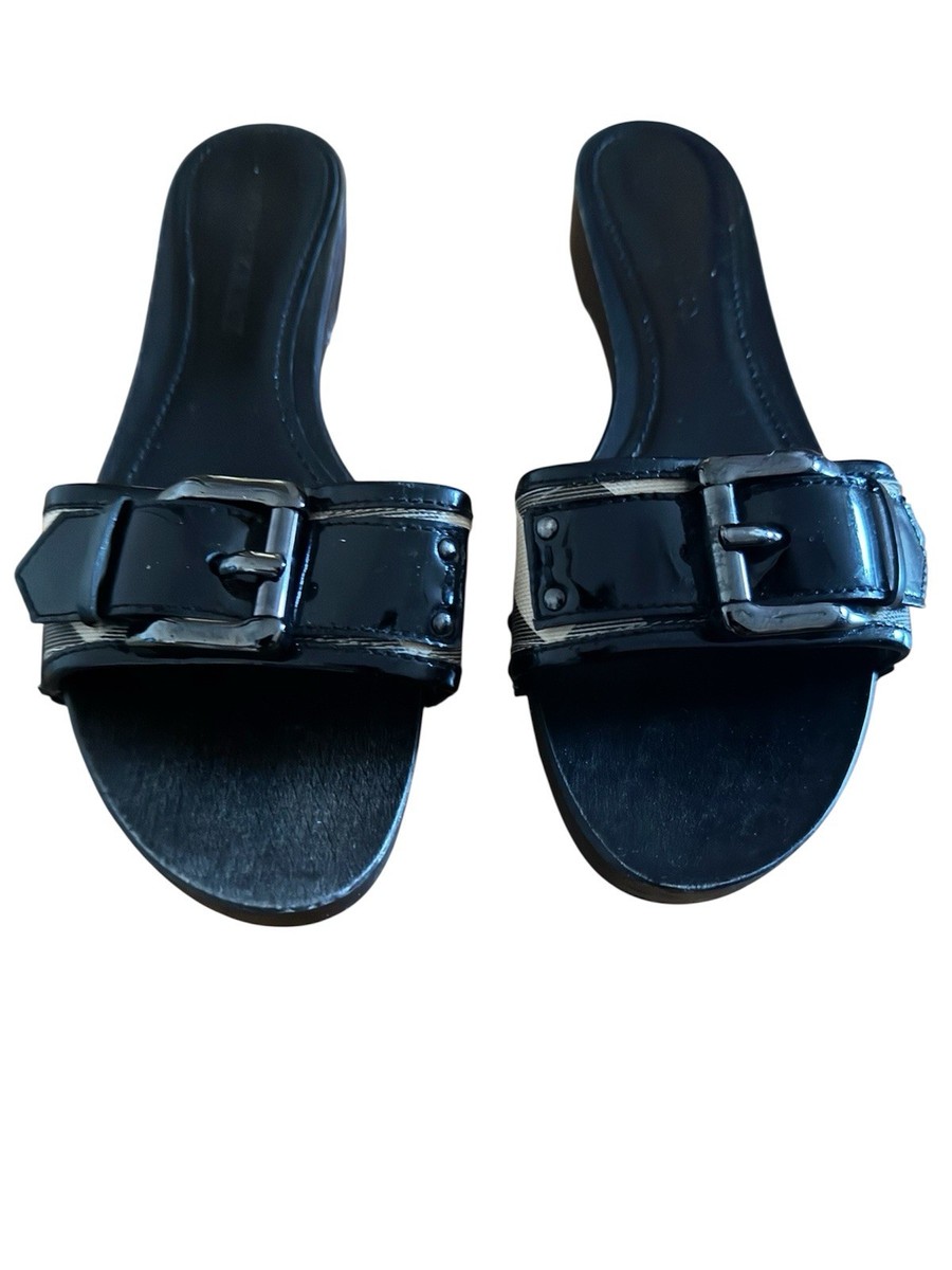 Burberry Women's Black Patent Leather Slide Sandals with Buckle