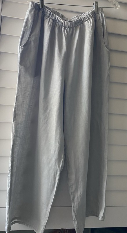 FLAX Linen Wide Leg Pants Size M Gray Elastic Waist Lagenlook Boho Pockets Artsy