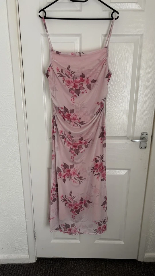 Women's Pink Floral Satin Slip Dress Midi Strappy Scoop Neck Polyester Lrg - Image 3 of 4