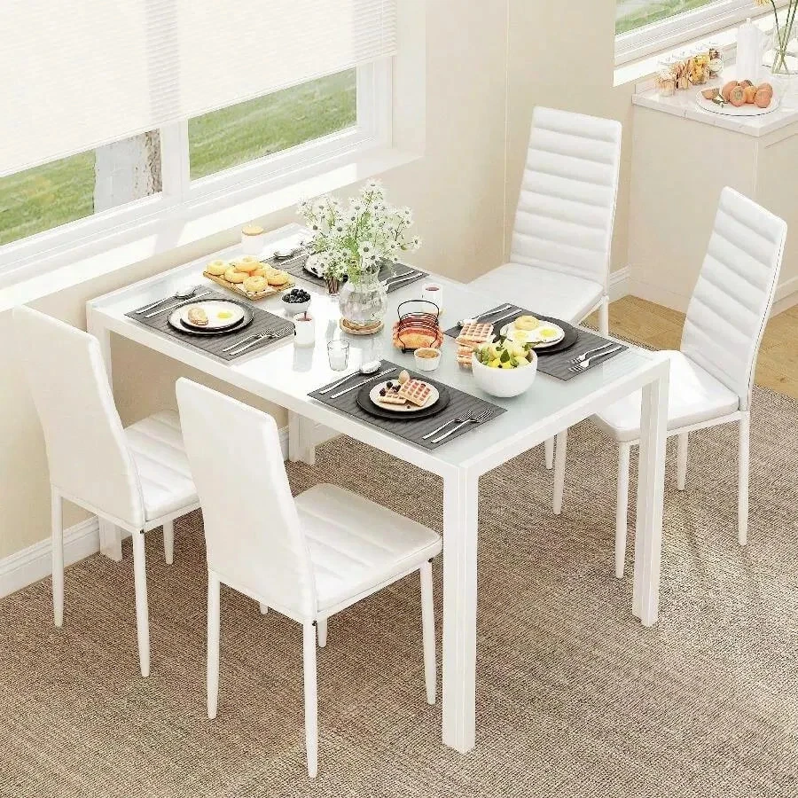 5-Piece Glass Dining Table Set With PU Leather Chairs Modern Room Sets For Home - Image 2 of 4