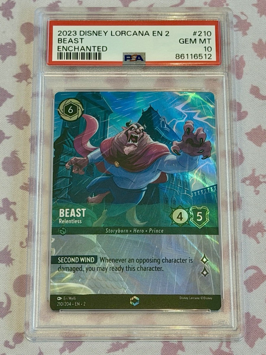 disney lorcana card value list 2023 Disney Lorcana EN2 BEAST Relentless 210/204 ENCHANTED PSA 10 GEM MINT