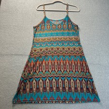 Boho Spaghetti Strap Sleeveless Sundress Womens Medium Turquoise Geometric Print