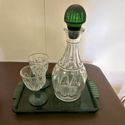 Avon Glass Decanter Set Clear & Green with Stopper, Tray, Matching Glasses
