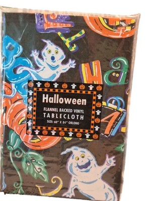 Halloween Flannel Backed Vinyl  Tablecloth 60x84 Oblong Ghost Design Holiday NEW