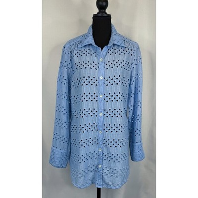 Boston Proper Blue Eyelet Blouse Size L Coastal Beachy Resortwear Breathable