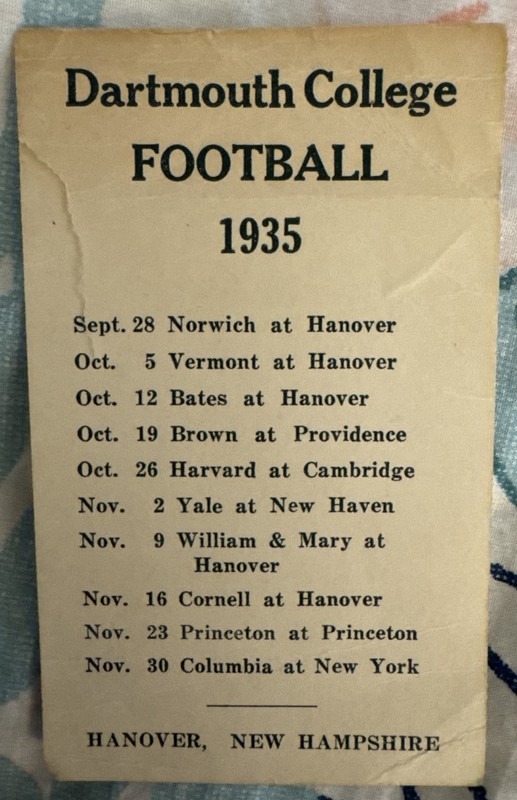 DARTMOUTH COLLEGE 1935 FOOTBALL SCHEDULE CARD 2.5x4” G-VG CONDITION AS SHOWN