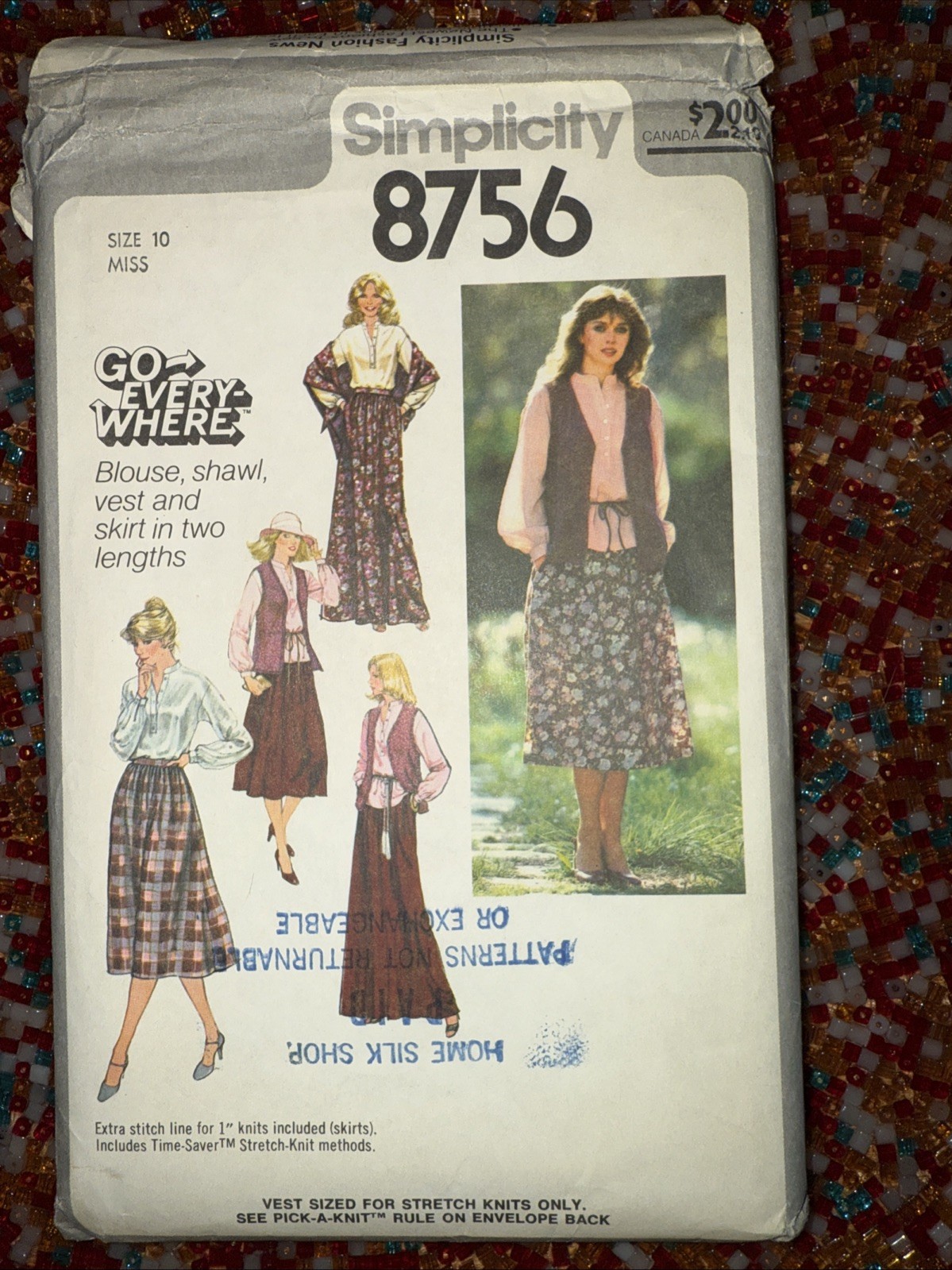 🌹1978 SIMPLICITY #8756-LADIES BLOUSE-SHAWL-VEST & TWO LENGTH SKIRT PATTERN 10FF