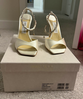 Jimmy Choo Saeda Ivory Satin Crystal Ankle Strap Buckle Sandals EU39 US9