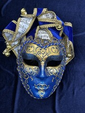 Maschera stile giullare veneziano blu/oro La Maschera del Galeone 30 cm