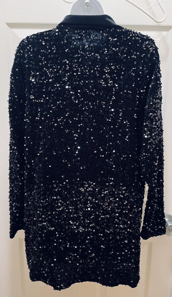 Camisa Mujer Mediana Negra Lentejuelas Cuello Terciopelo Manga Larga Moda Nova Foto 3 de 4