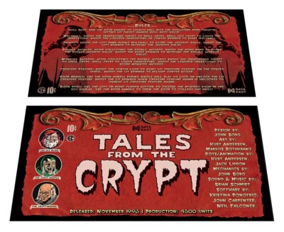 Data East Tales From The Crypt Pinball Custom Apron Instruction Cards