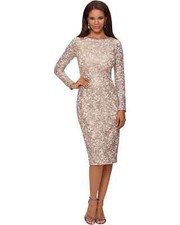 Xscape Sequin & Lace Dress Midi Long Sleeve Beige L136504 Womens Size 14