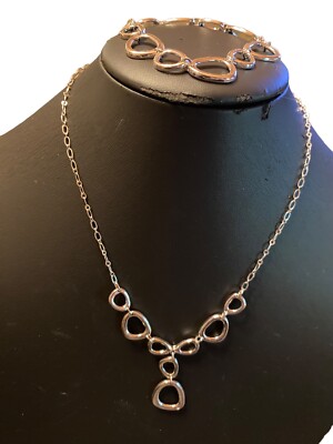 SAQ Avon Silvertone Abstract Ovals Y Necklace Plus Matching Bracelet