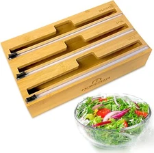 3 in 1 Wrap Dispenser, Cutter Plastic Wrap Aluminum Foil Wax Paper Bamboo Wood 