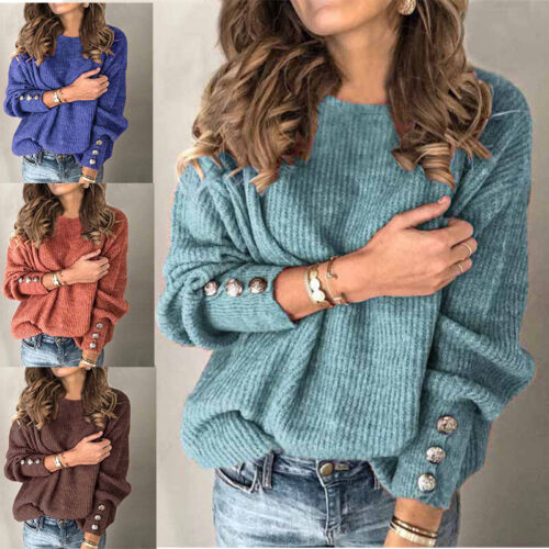 Damen Langarm-Damen-Basic-Strick-Sweatshirt-Bluse-T-Shirt Lockere Pullover- G - Bild 1 von 22