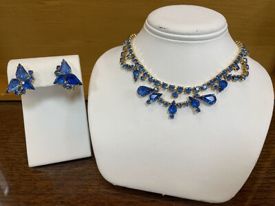 Vintage La Roco Blue Rhinestone Glam Choker Necklace And Earrings Set