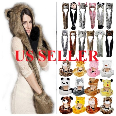 Anime Animal Plush Hat Long Mittens Wild Soft Hood Scarf 3in1 Faux Fur 1