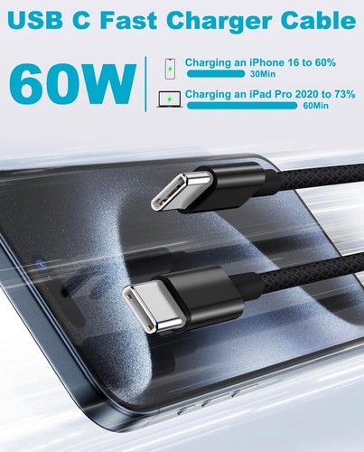2x USB-C to USB-C Cables 1M + 2M | 60W Fast Charge Travel Car Pack Samsung iPad - 第 24/28 張圖片