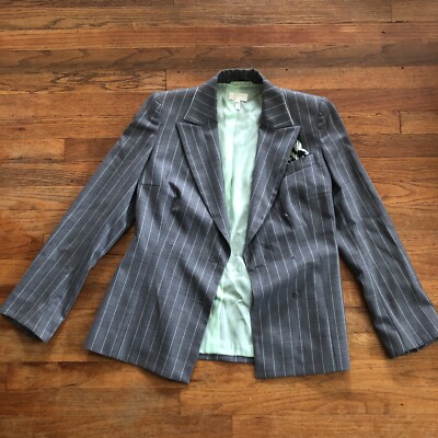 Escada for Neiman Marcus 36 S/M Gray Green Pinstripe Wool Blazer MISSING BUTTONS