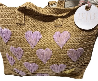 NWT BTB Los Angeles Be Mine Tote Heart Embroidered Straw Beach Bag Lavender NEW