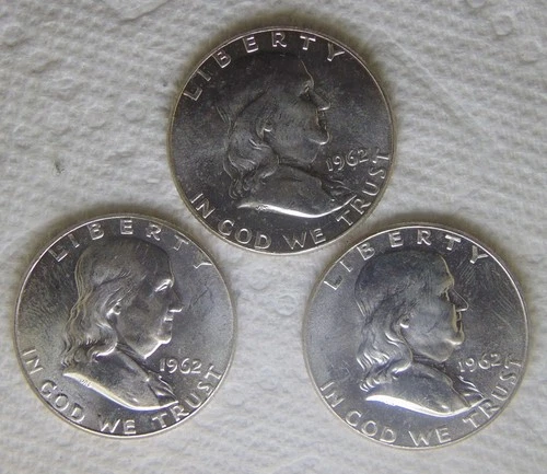 LOT (3 COINS) 1962 Franklin 50C Silver Half Dollars, UNC BU