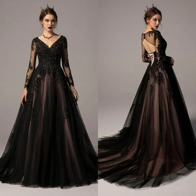Gotische Hochzeit Vintage Sommer V-Ausschnitt Tüll schwarze Spitze Ballkleider - Bild 1 von 4