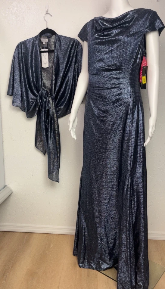 💙 TAHARI S. LEVINE темно-синий металлический фольга хромой 2шт комплект капот платье + куртка шаль 12 - Изображение 3 из 4