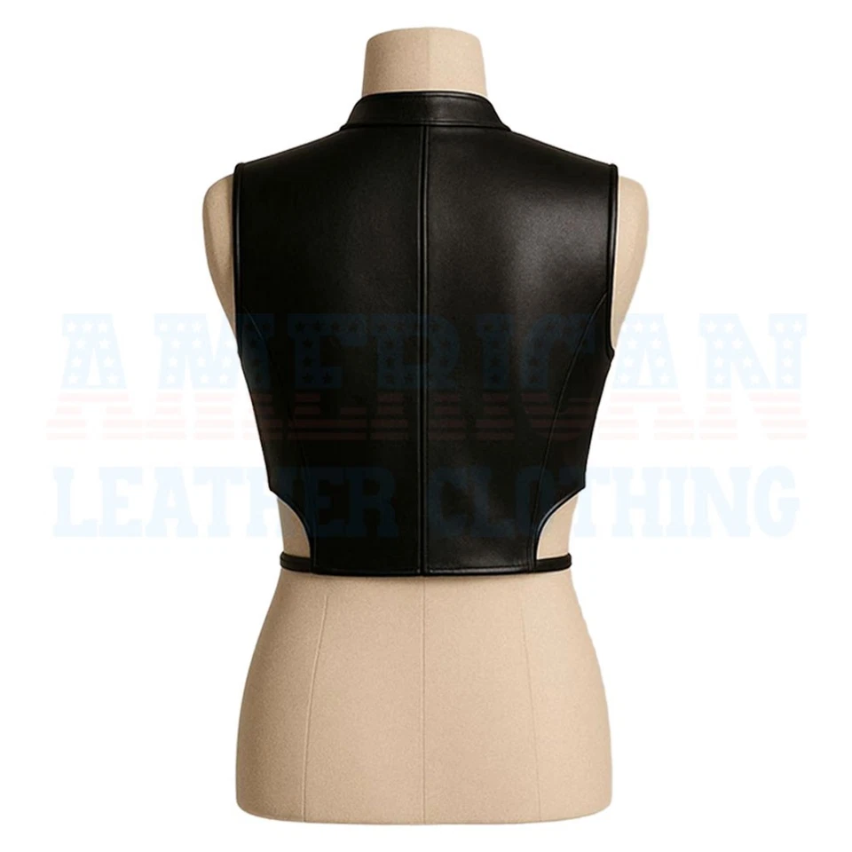 Womens Genuine Leather Crop Top Sleeveless High Neck Biker Vest Handmade Leather - Image 3 of 3