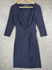 Lauren Ralph Lauren Cinch Dress Womens 6 Navy Blue Sheath Ruffle Long Sleeve