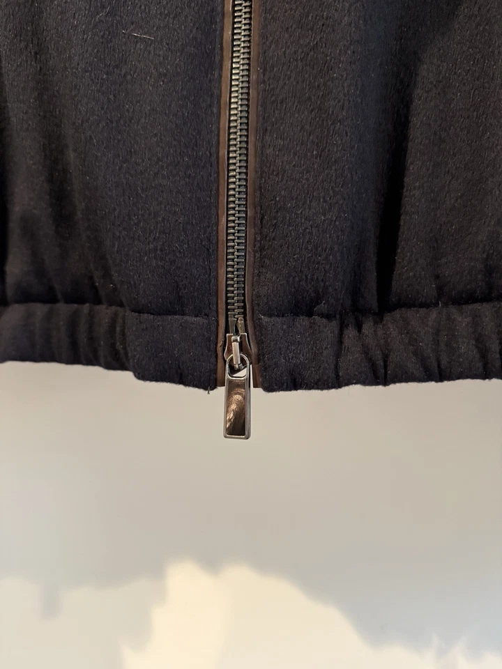 Zegna 羊绒加厚轰炸机夹克皮革装饰海军蓝男式 XL — 第 2/4 张图片