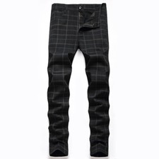 Men Stretch Slim Fit Plaid Pant Casual Trousers Check Pants Long Soft Cosy Blue