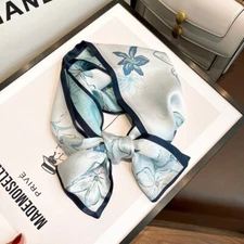 100% Mulberry Silk Long Scarf Women Doulbe Side White Blue Neckerchief 150*15cm