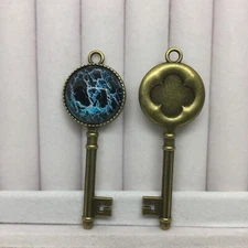 Antique Bronze-Tone Skeleton Key Hand Painted Glass  Pendant 2” New 1570
