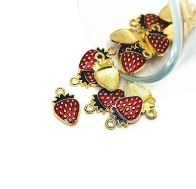 4, 20 or 50 BULK pcs Enamel Strawberry Fruit Charms - US Seller - EN972