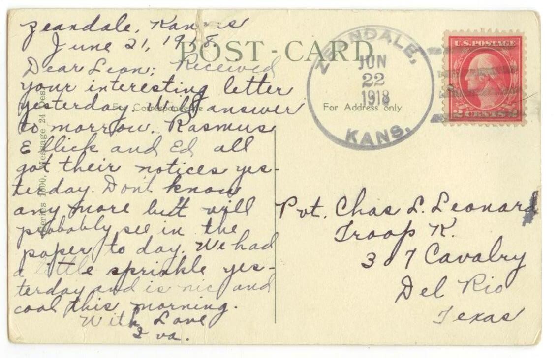 1918 Zeandale Kansas DPO 18841944 Riley Co to 307th Cavalry Del Rio