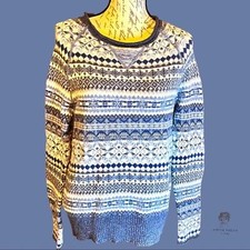 Vintage Eddie Bauer 100 Lambs Wool Knit Gray Blue Fair Isle Sweater Size L