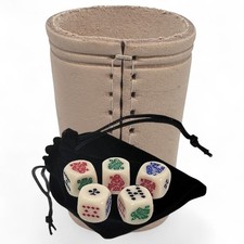 Real Leather Compact Dice Cup Natural  Poker Dice Ivory Rounded Corners w/Pouch