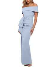 XSCAPE Gathered Maxi Off-The-Shoulder Gown Women's 12 Sky Blue Back Zip Closure